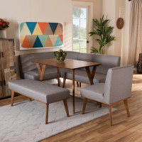 Baxton Studio BBT8054-Grey/Walnut-5PC Dining Nook Set Odessa Mid-Century Modern Grey Fabric Upholstered and Walnut Brown Finished Wood 5-Piece Dining Nook Set